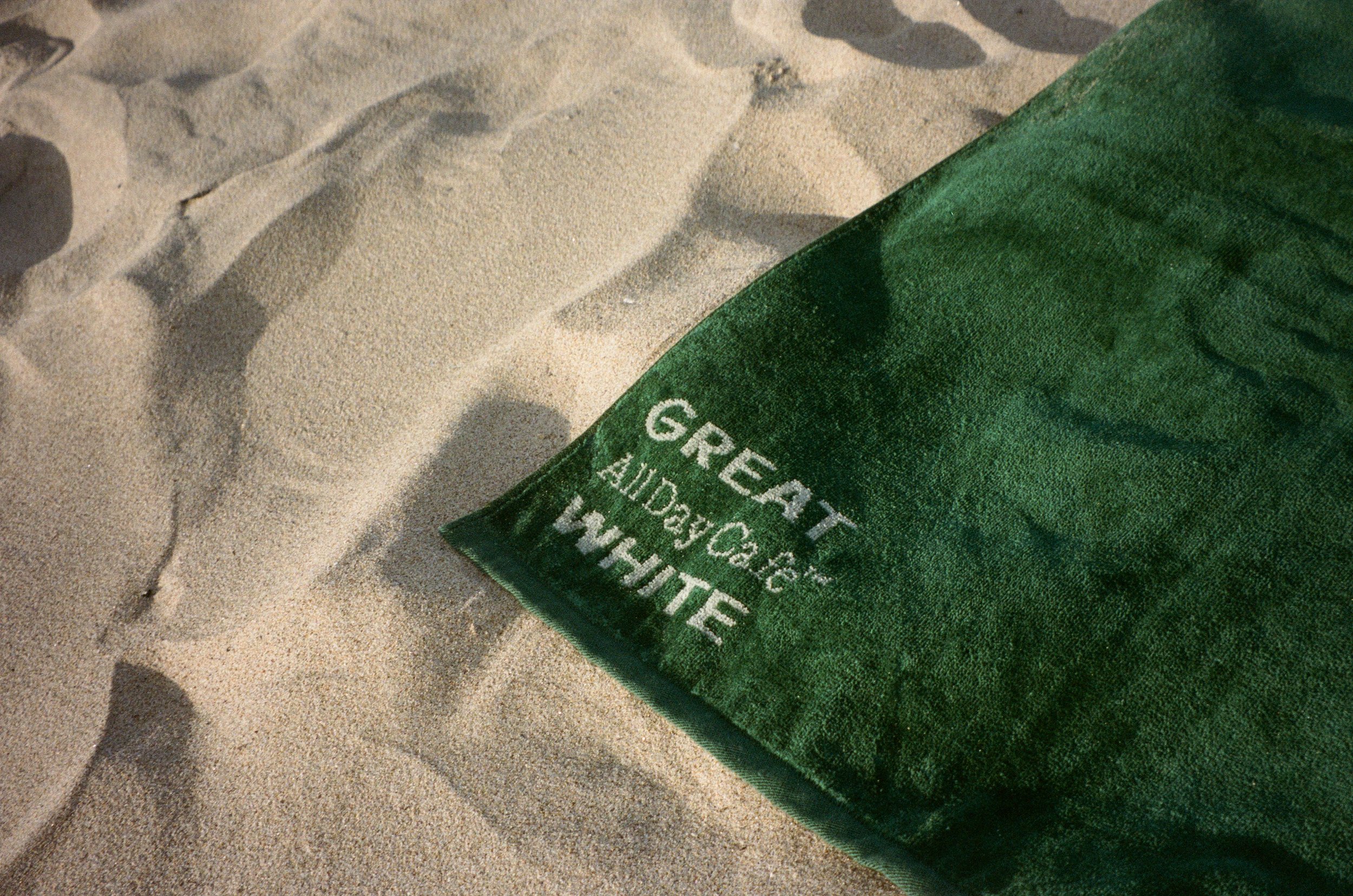 Close-up of a green bag on sandy beach with partially visible white text.