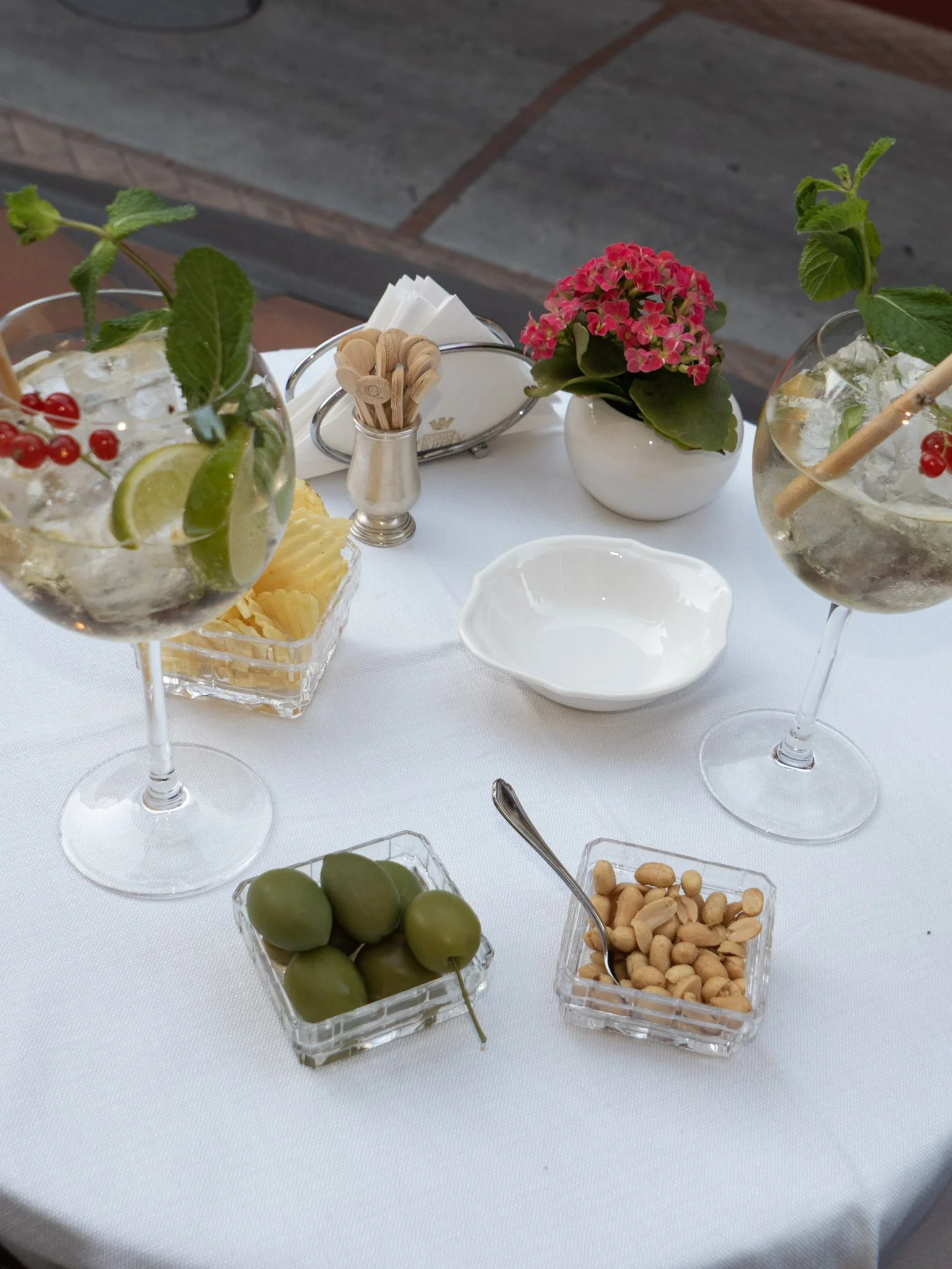 A table set for a meal with two glasses of iced drinks garnished with mint, lemon, and red berries, a small white bowl, a dish of green olives, a dish of nuts, and a pink flowering plant in a white pot.