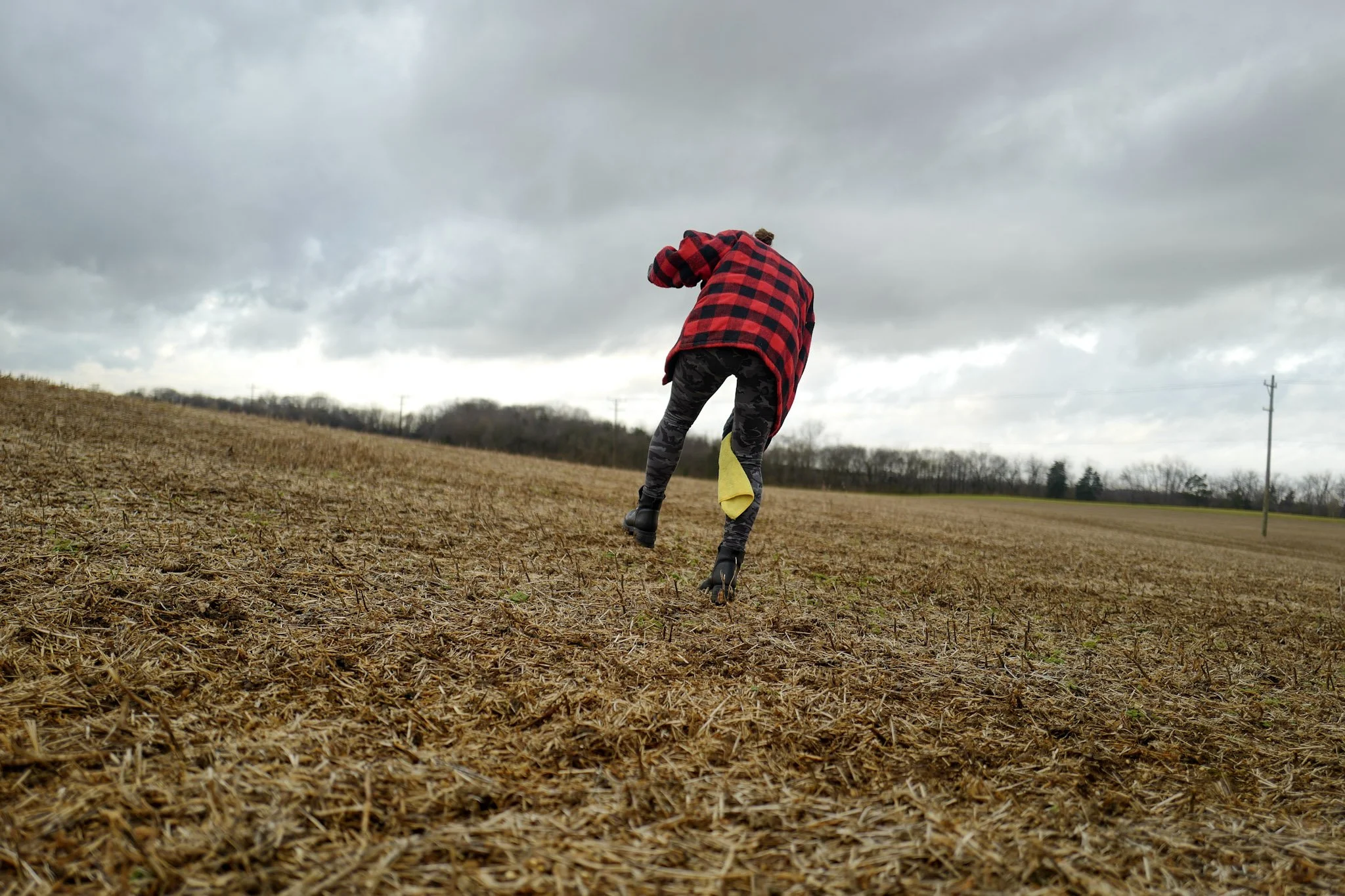 Person wearing a red and black checkered jacket and camouflage leggings planting a small tree in a field on a cloudy day.