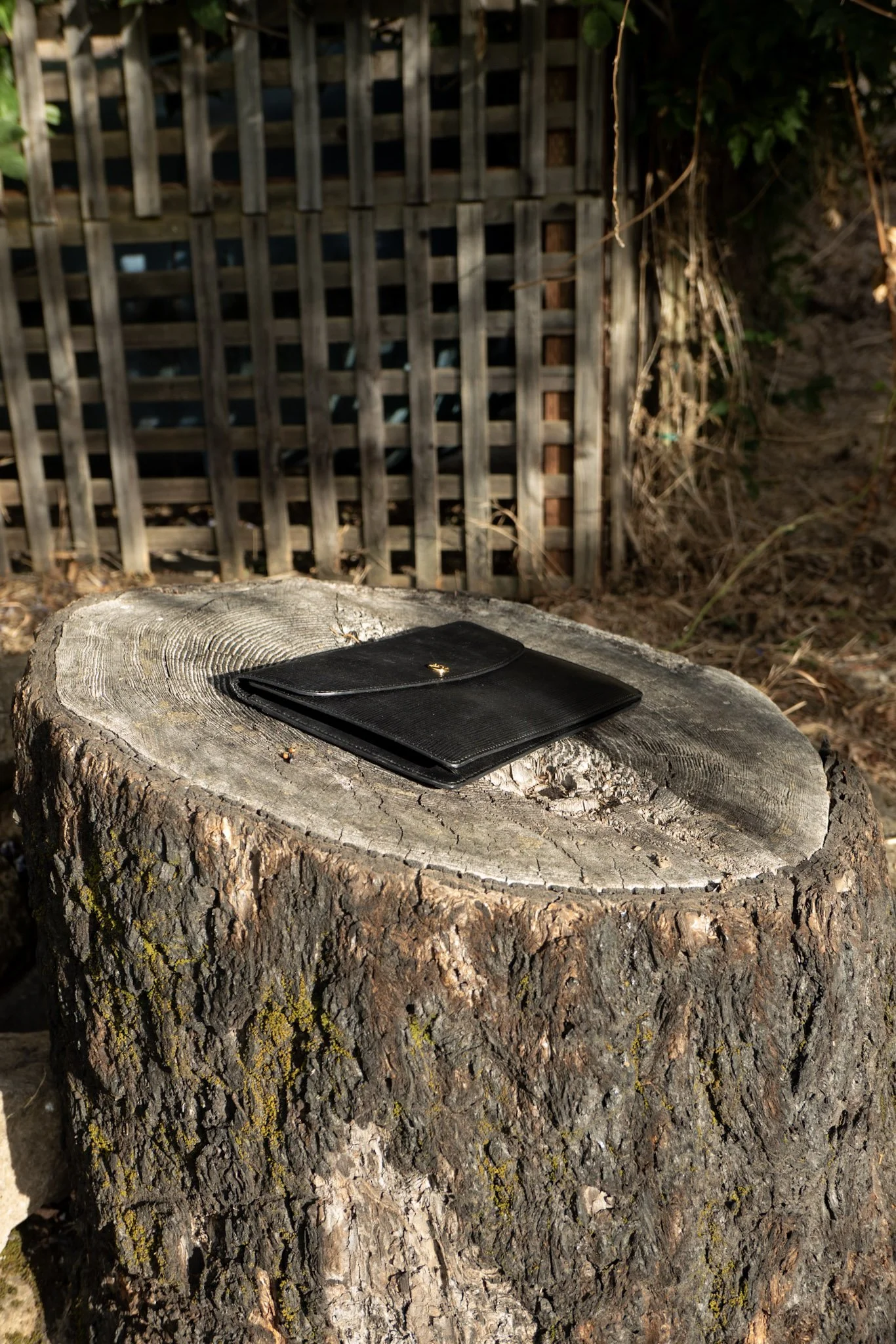 A black wallet placed on top of a large tree stump outdoors, with a wooden fence and greenery in the background.