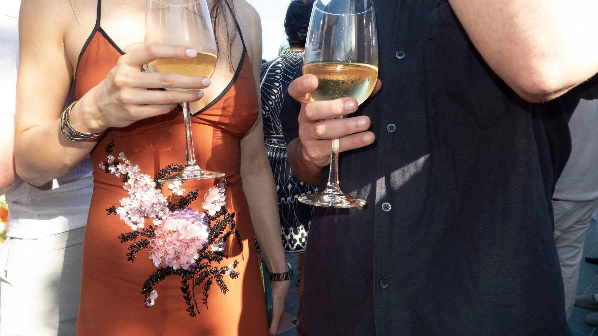 Two people holding glasses of white wine at a social gathering.