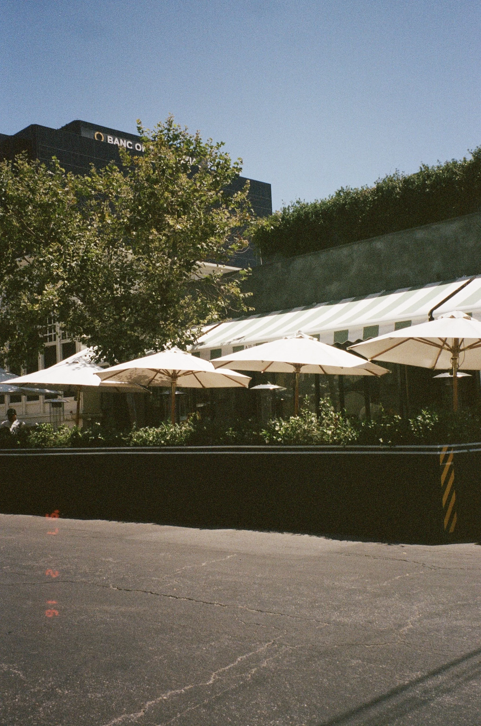 An outdoor scene with several white umbrellas over tables, a tree with green leaves, a building with a sign for a bank, and a clear blue sky.