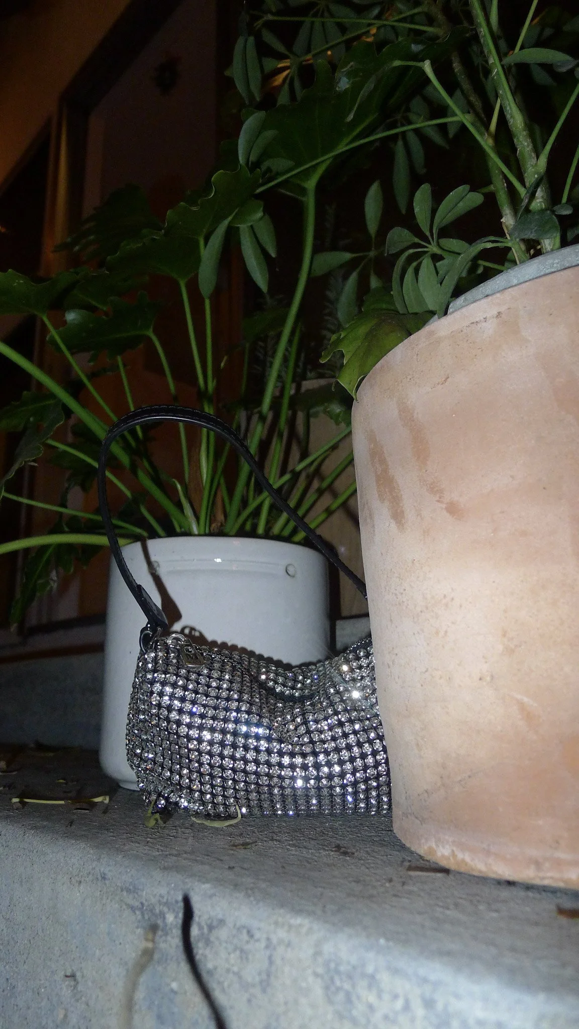 Close-up of decorative clutch purse covered in shiny rhinestones, placed next to large potted plants with green leaves in white and beige pots.