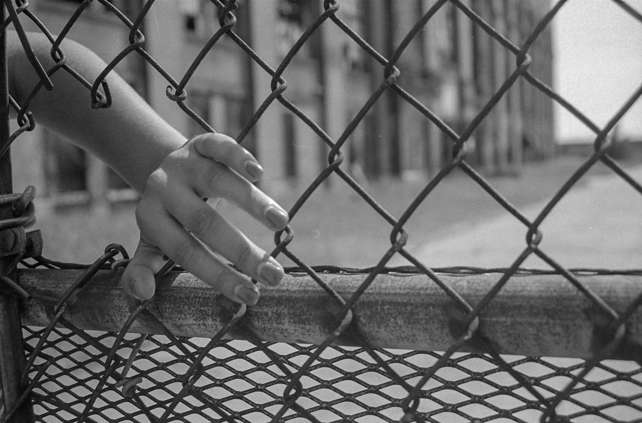 Black and white photo of a person's hand reaching through a chain-link fence.