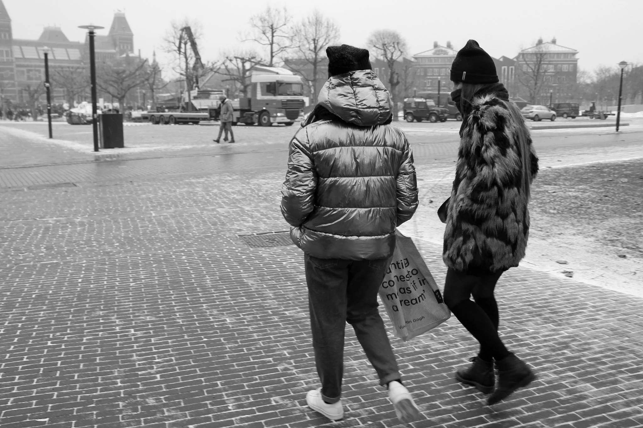 Two people stand on a cobblestone street, seen from behind, with one wearing a puffy jacket and the other a fur coat. They are engaged in a conversation in a city park area during winter, with trees, cars, and buildings in the background.