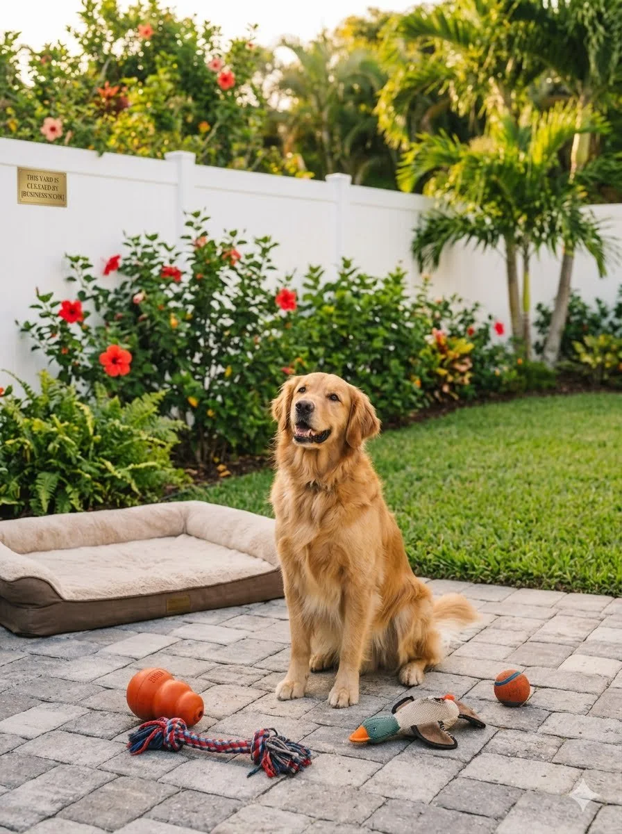 A golden retriever sitting on a stone patio with outdoor toys, including a rubber duck, a ball, a tug toy, and a chew toy. A dog bed is behind the dog, and a white fence with colorful flowers, bushes, and palm trees are in the background.
