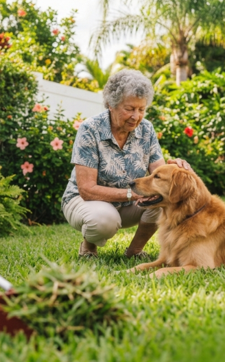 An elderly woman crouches in a garden, petting a golden retriever dog. There are green plants and colorful flowers in the background.