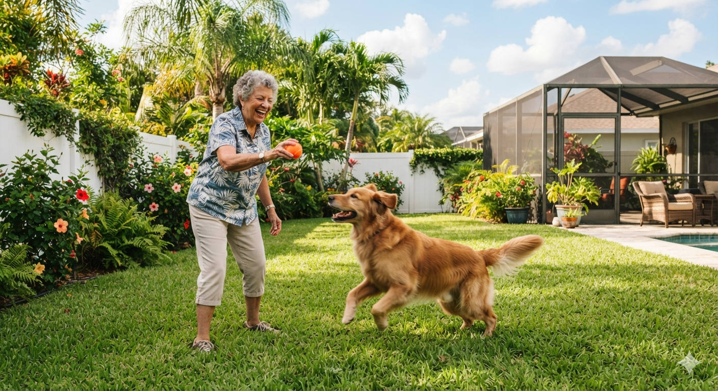 An elderly woman playing fetch with her dog in a lush backyard with green grass, colorful flowers, and palm trees on a sunny day.