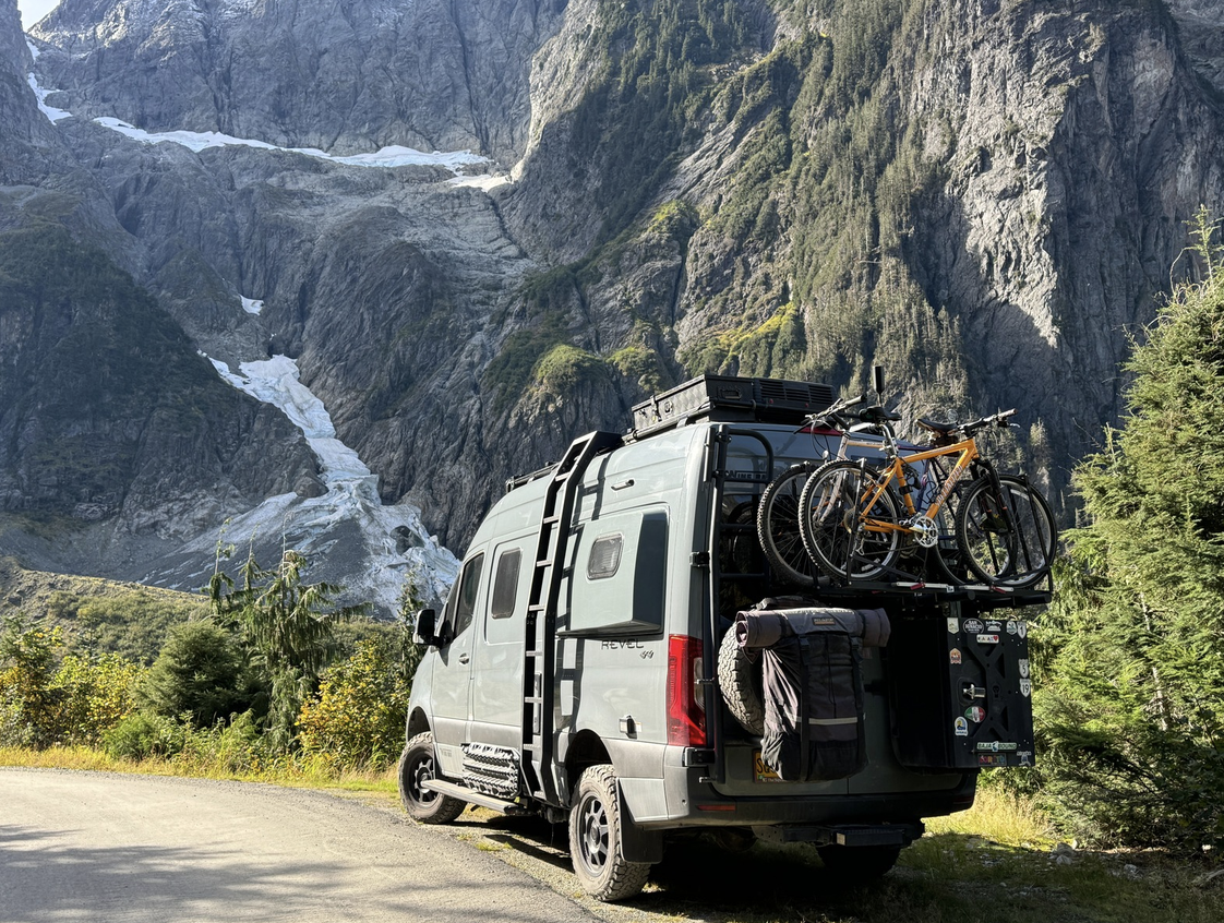 “SqWatch Dog camper van in the mountains during a North American van life adventure”