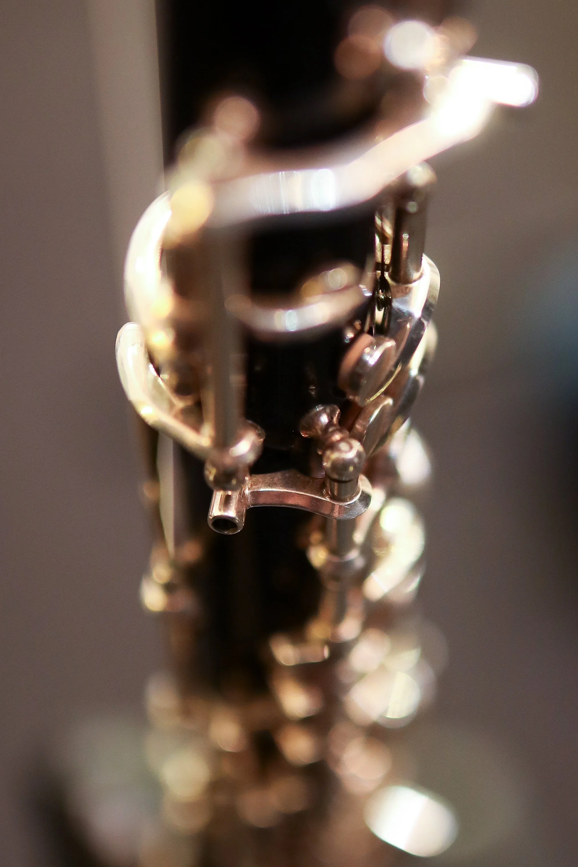 Close-up detail of the keywork on the oboe.