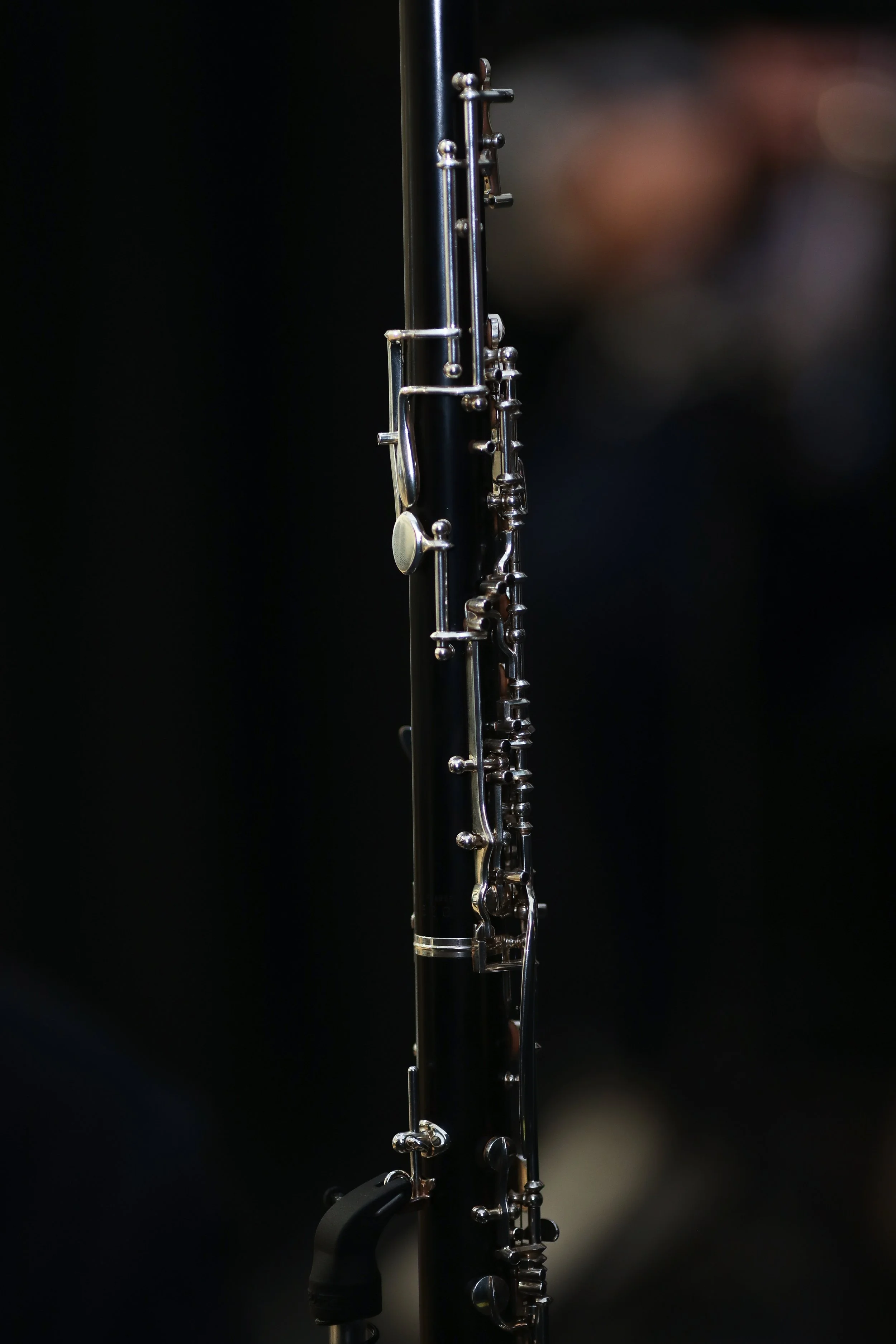 Close-up of an oboe and its silver keywork.