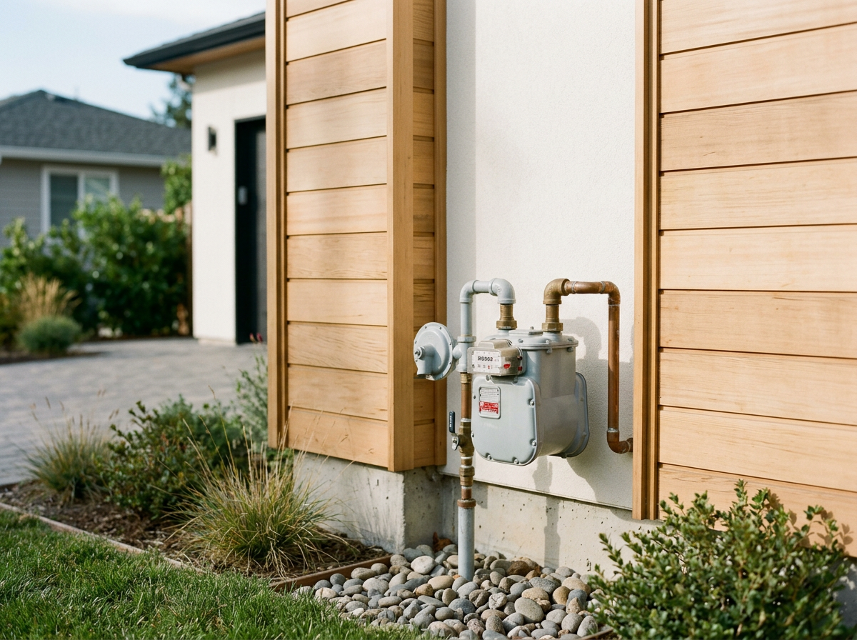Outdoor utility gas meter mounted on the exterior wall of a house with wooden siding, surrounded by landscaped garden with small plants and rocks.
