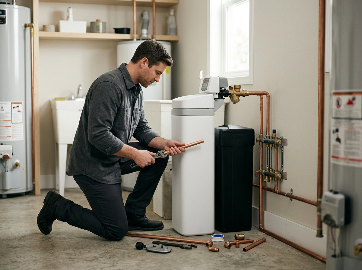 A man kneeling on the floor working on plumbing pipes near a water softener in a laundry room.