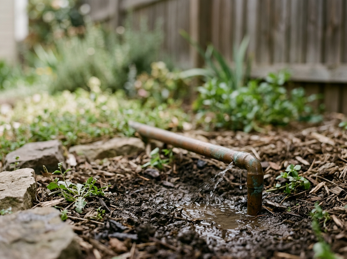 Close-up of a rusted outdoor water pipe with water dripping from it, situated in a muddy garden bed with small plants, rocks, and a wooden fence in the background.