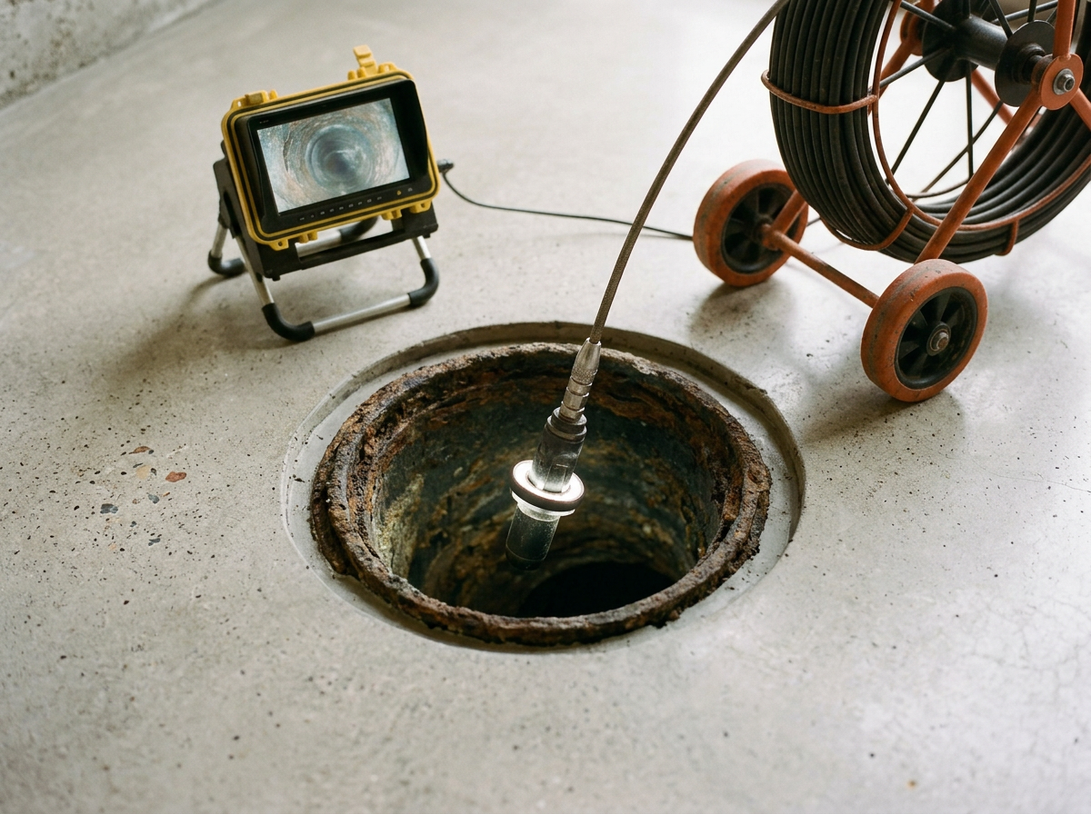 A pipe inspection camera with a small screen showing the interior view, placed above a corroded pipe opening in the floor, connected to a coiled cable on a trolley.