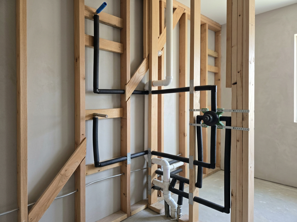 Building framework with exposed wooden studs, white and black pipes, and plumbing fixtures installed in a wall under construction.