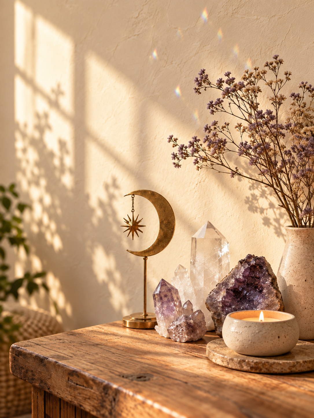 Crystals, candlelight, flowers and a brass crescent moon in a peaceful wellness space