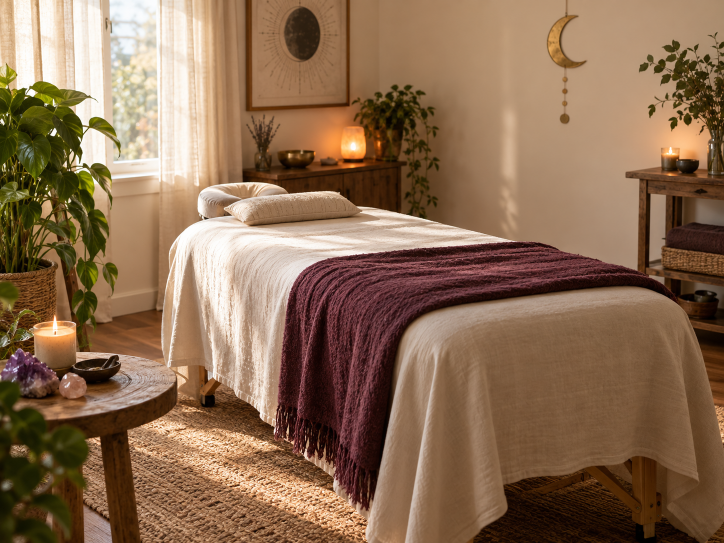 Warm energy-healing room with a treatment table, plants, candles, and celestial decor
