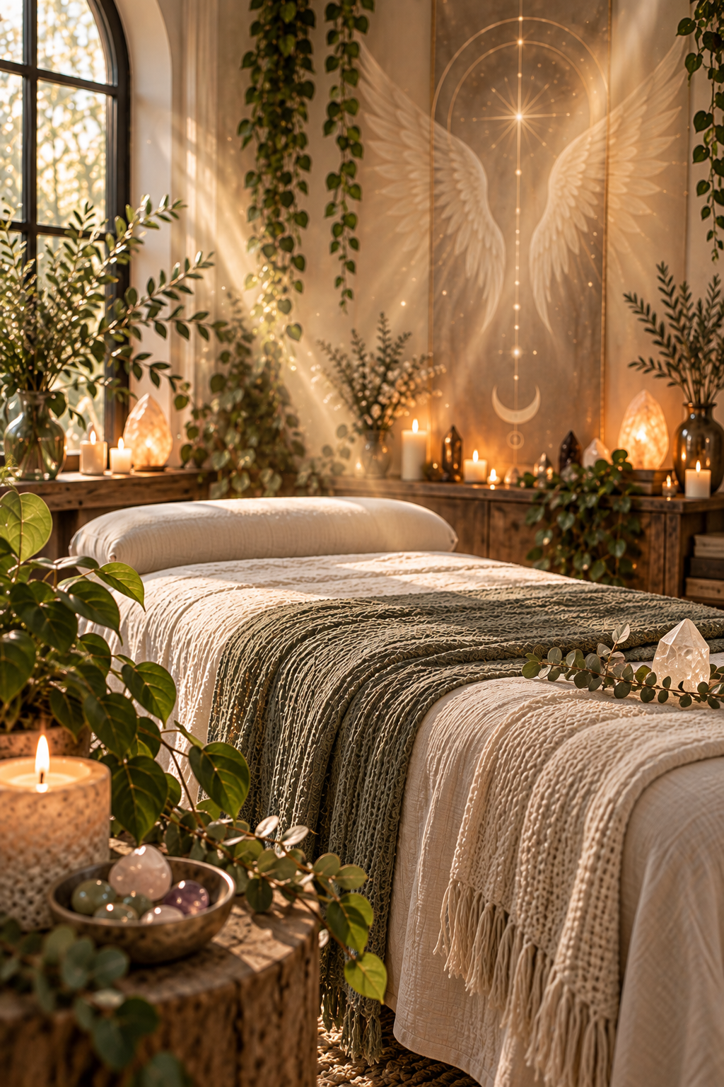Serene energy-healing room with a treatment table, candles, greenery and illuminated angel-wing artwork