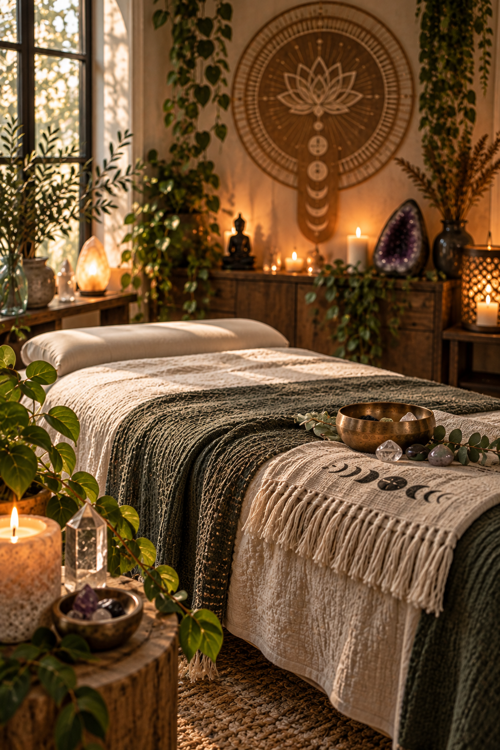 Comfortable treatment table surrounded by plants, crystals, candles and moon-phase décor
