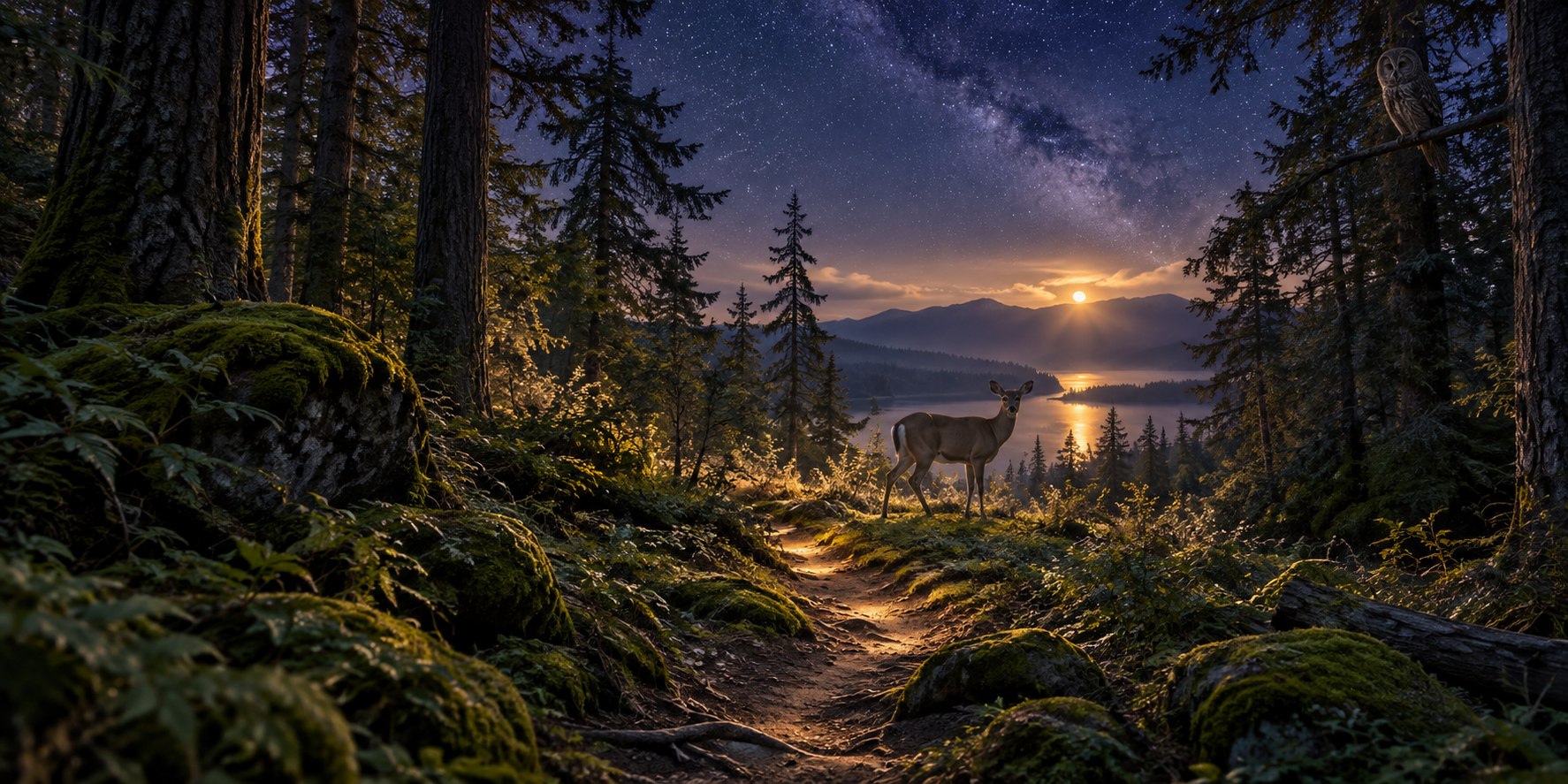 Natural landscape with subtle celestial elements representing connection, reflection and inner exploration