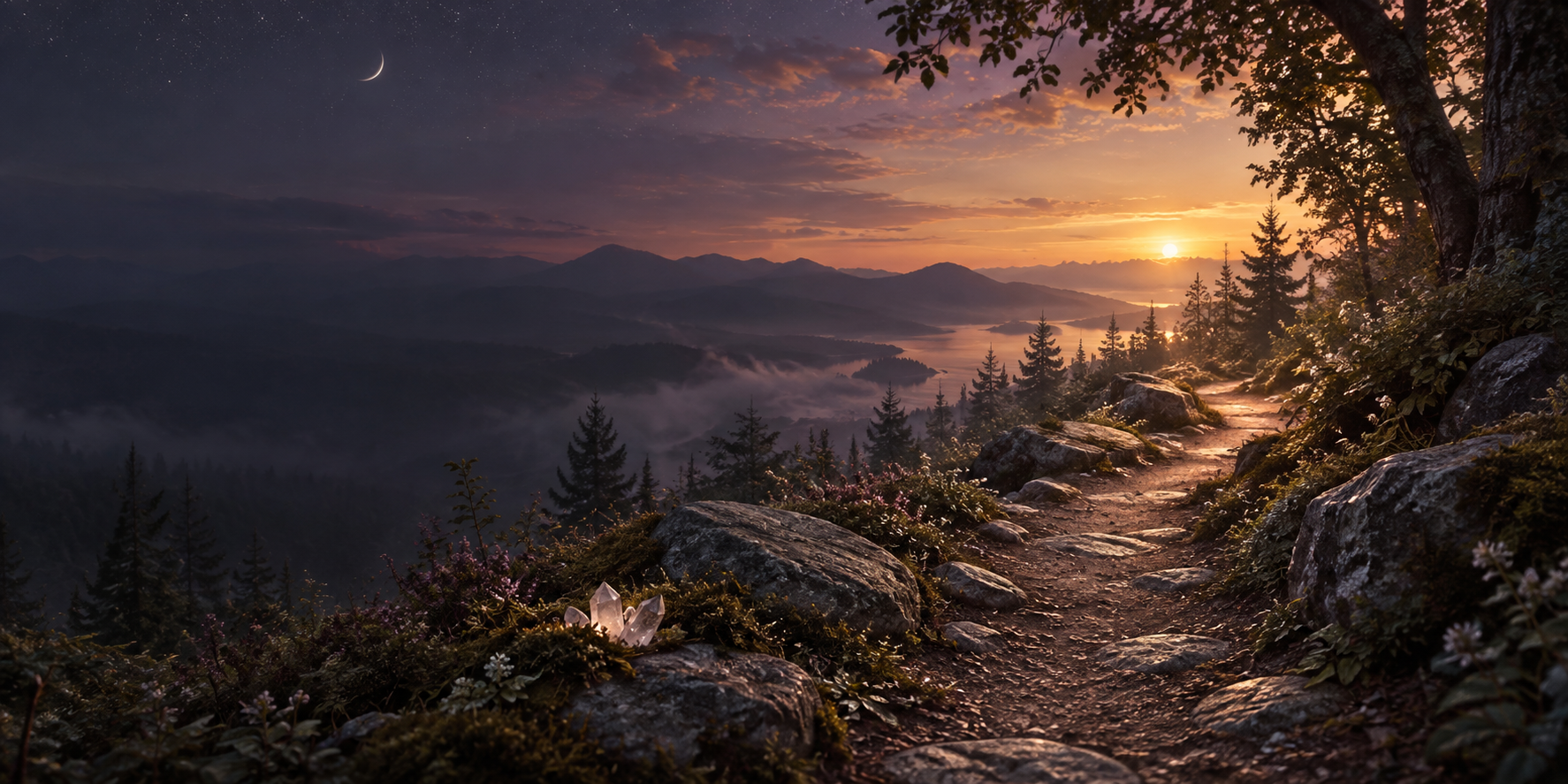 Sunset over a quiet mountain trail