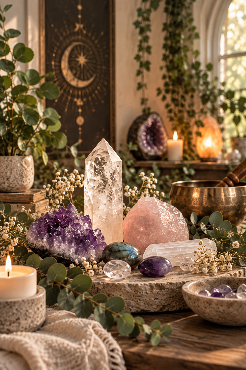 Crystals, a singing bowl and glowing candles arranged in a peaceful energy-healing space