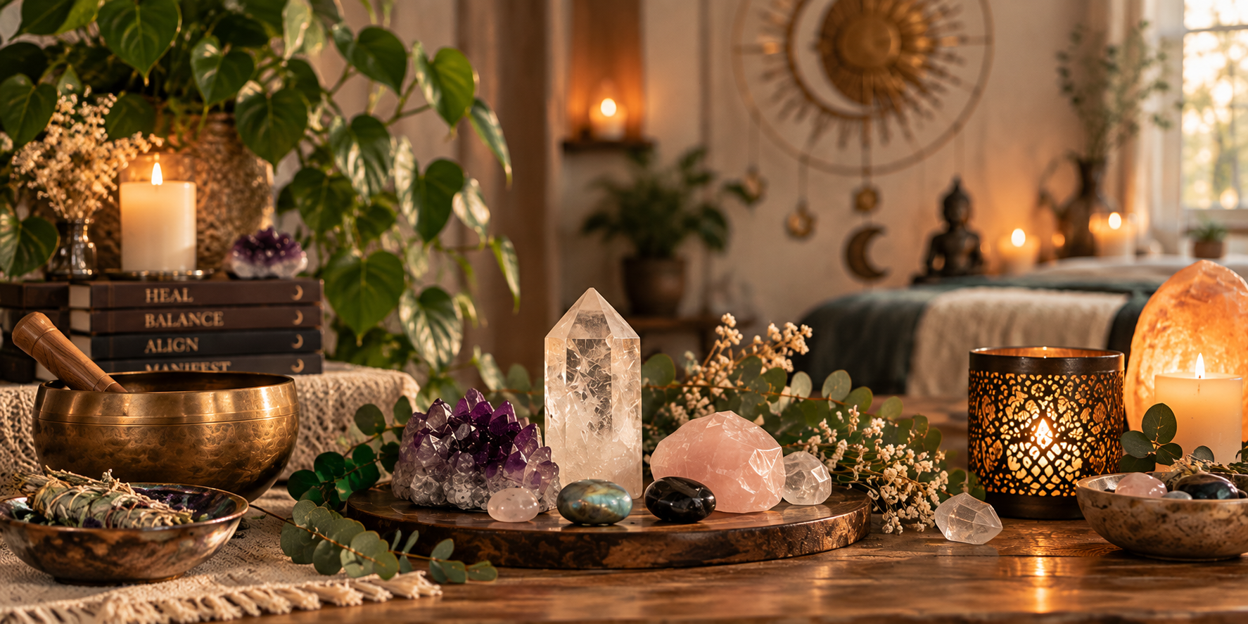 Warm, welcoming healing room with a comfortable chair, plants, candles and celestial décor
