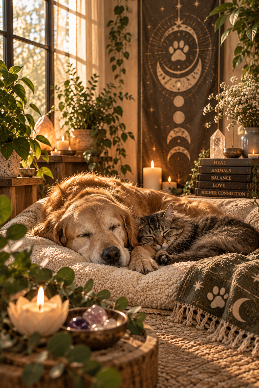 Golden retriever and cat resting peacefully together in a warm space prepared for Animal Reiki