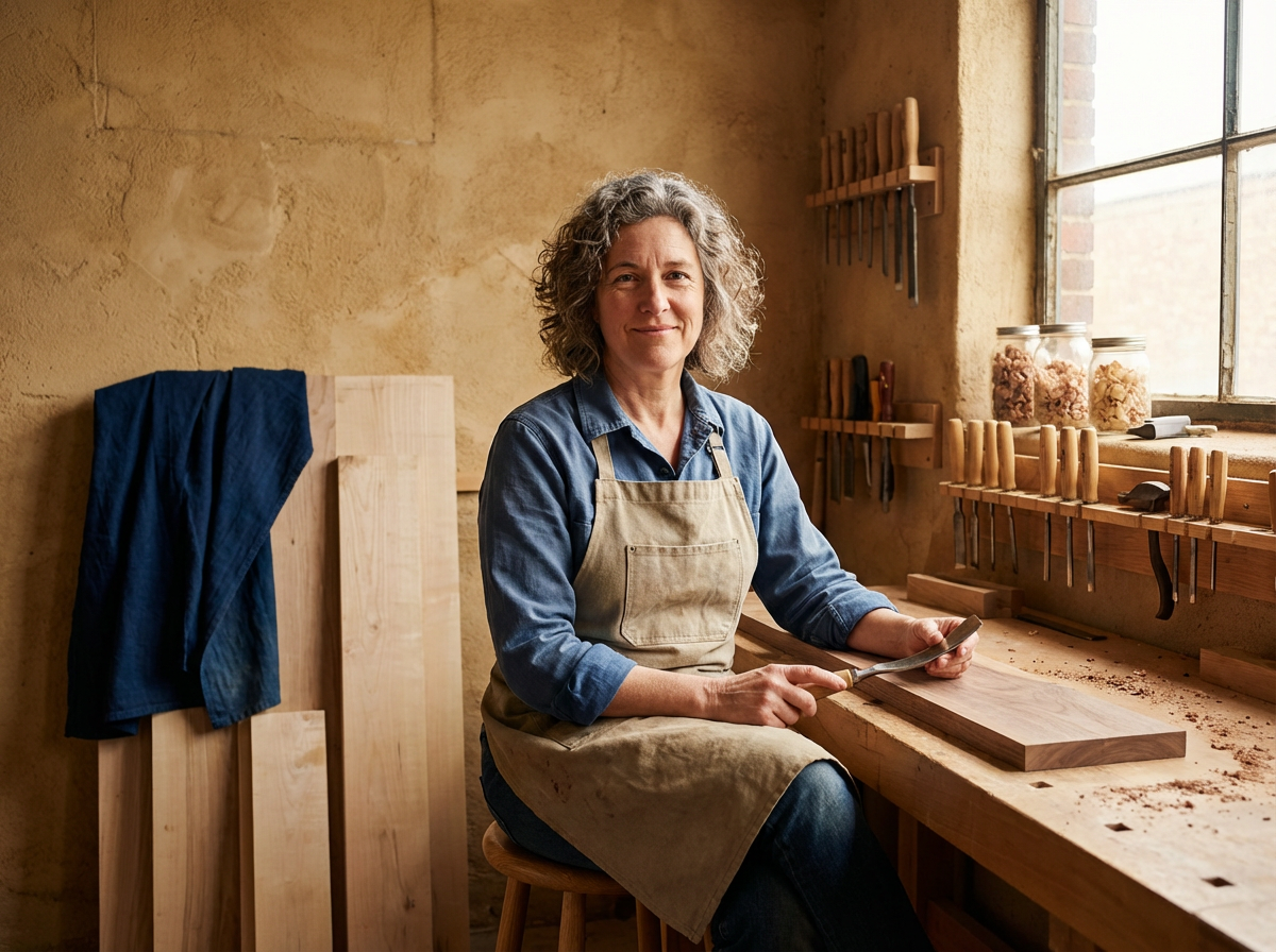 A woman with curly gray hair sitting at a woodworking bench in a workshop, holding a chisel and piece of wood, wearing a beige apron and denim shirt. Wooden tools and jars of wood shavings are on the window sill behind her.