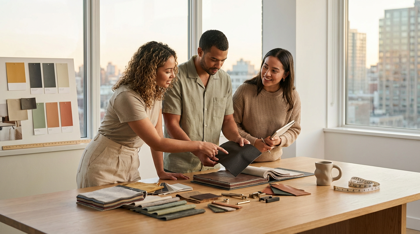 Three people working together in a bright indoor space, examining fabric swatches and color samples on a large wooden table, with city buildings visible outside window.