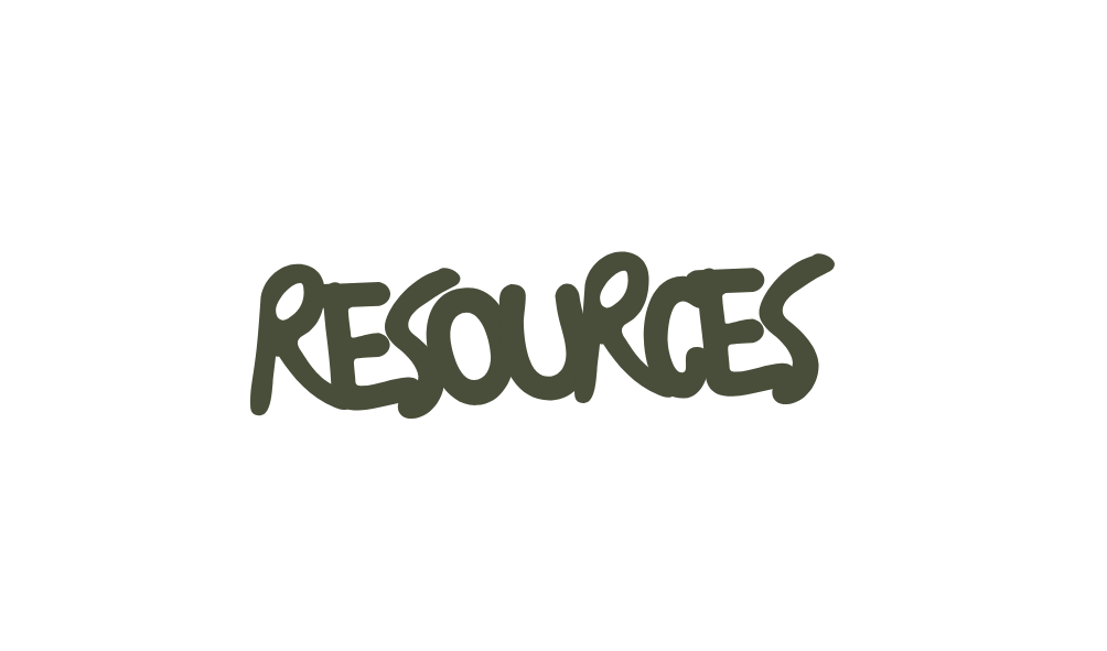 Handwritten word 'resources' in dark green on a black background.