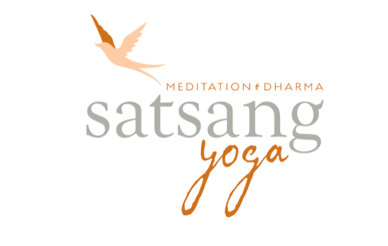 Logo for Satsang Yoga featuring a stylized bird, with text 'Meditation & Dharma Satsang Yoga' in different fonts and colors.