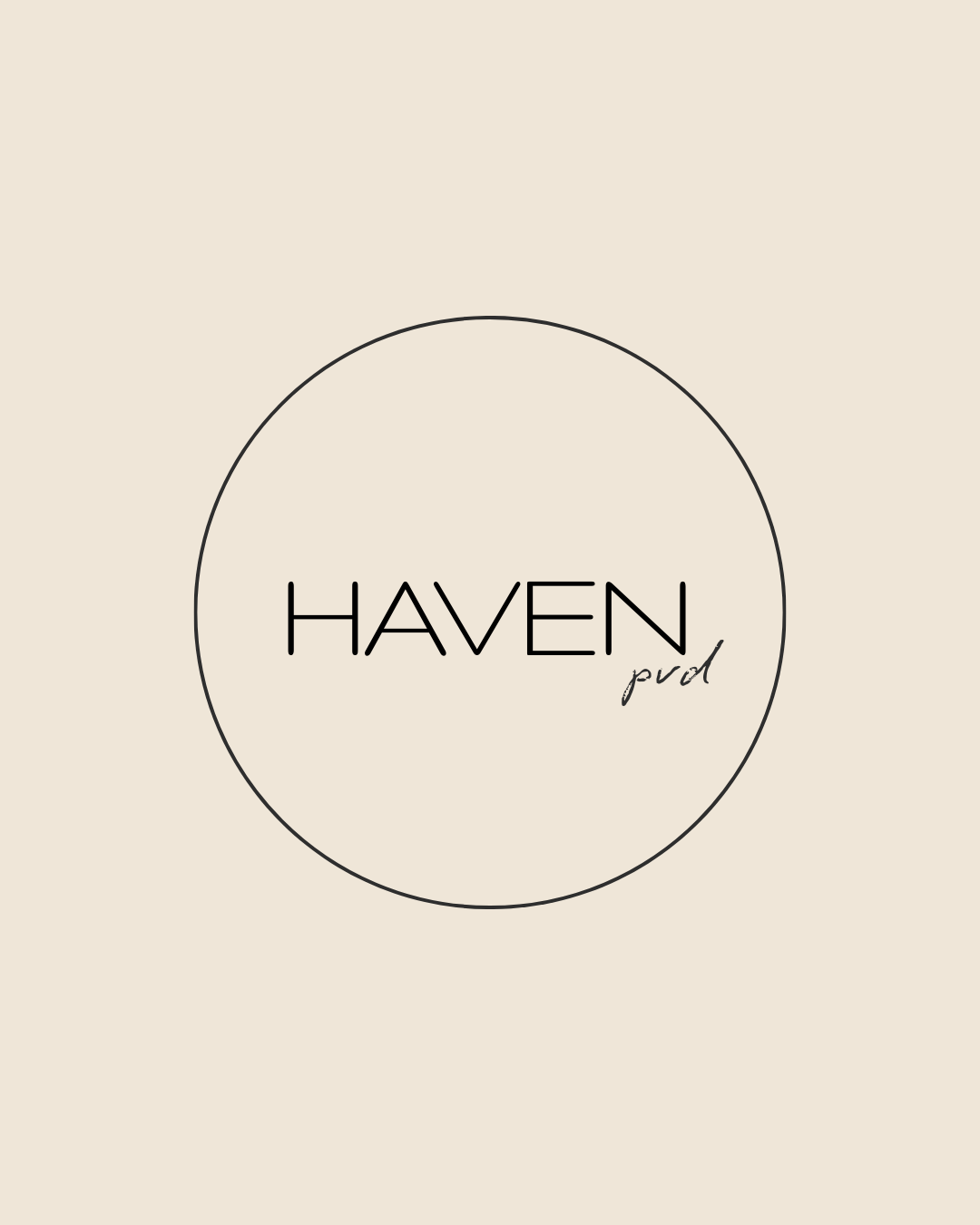 Minimalist logo with the words 'Haven pod' inside a thin circle on a beige background.