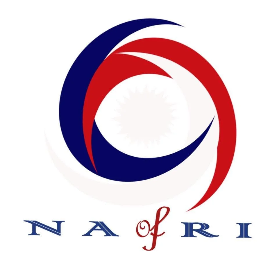Logo with text 'Nepalese Association of Rhode Island, USA' at the top, a circular emblem with red, white, and blue swirling shapes, and initials 'NAORI' at the bottom, on a black background.