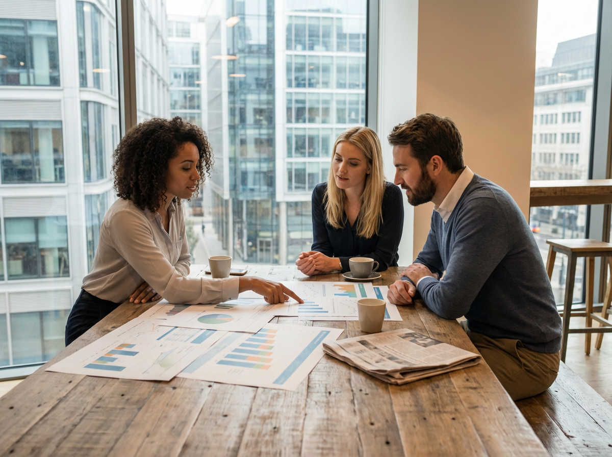 Three colleagues in a modern office discussing business charts and graphs at a wooden table with coffee mugs, with large windows showing city buildings in the background.