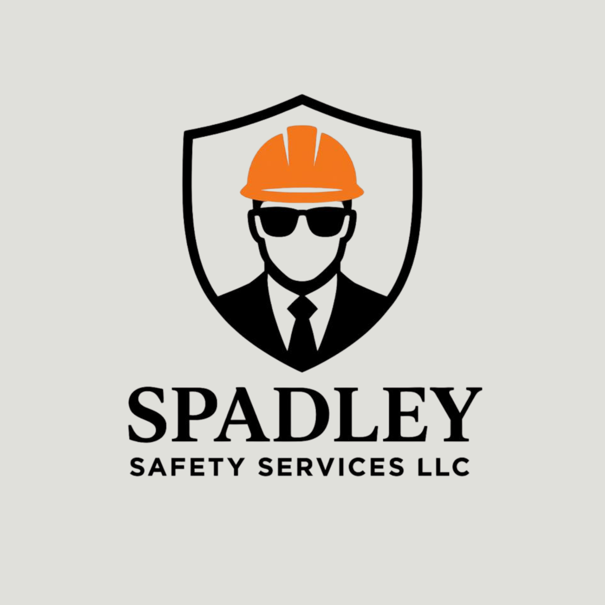 Logo of Spadley Safety Services LLC featuring a shield with a human figure wearing an orange hard hat and sunglasses.