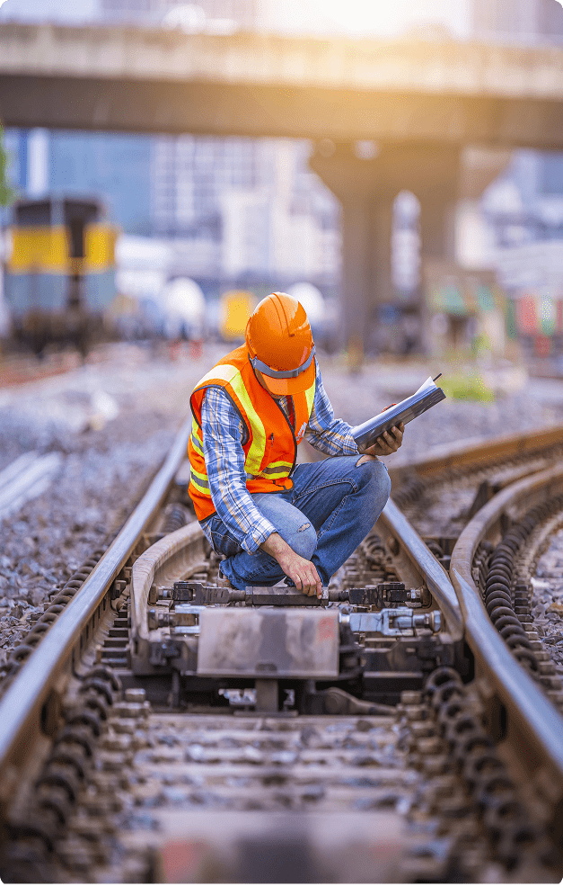 A construction worker wearing an orange safety helmet and a reflective safety vest crouches on train tracks, inspecting the equipment while holding a clipboard in an urban area with buildings and bridges in the background.