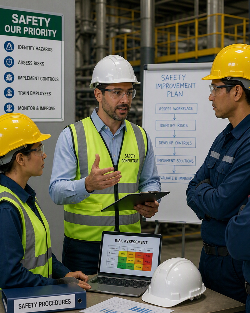 A group of safety professionals and workers in safety gear having a discussion in an industrial setting, with safety charts and risk assessment tools displayed.