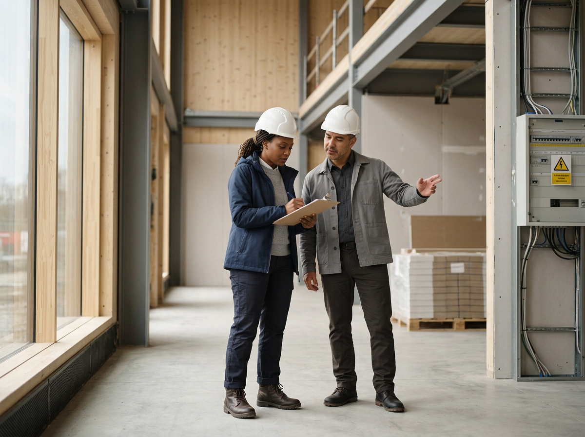 Two construction workers wearing hard hats inside a partially finished building, discussing plans or progress, with construction materials nearby.