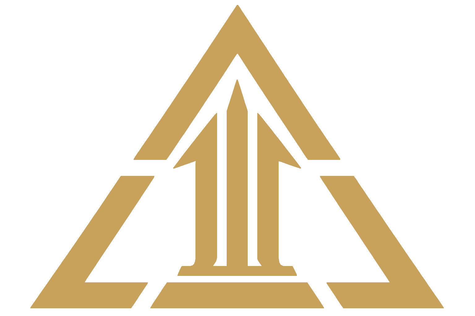 A geometric logo featuring a gold triangle with a stylized gold pillars inside, all on a black background.