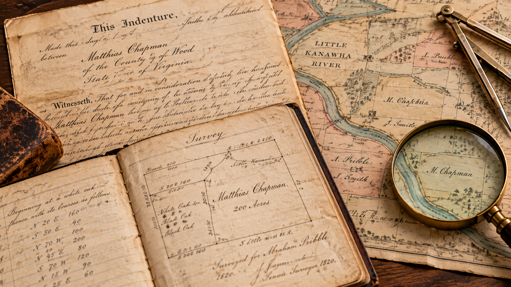 Historical deeds, property maps, and survey records used for genealogical land research.