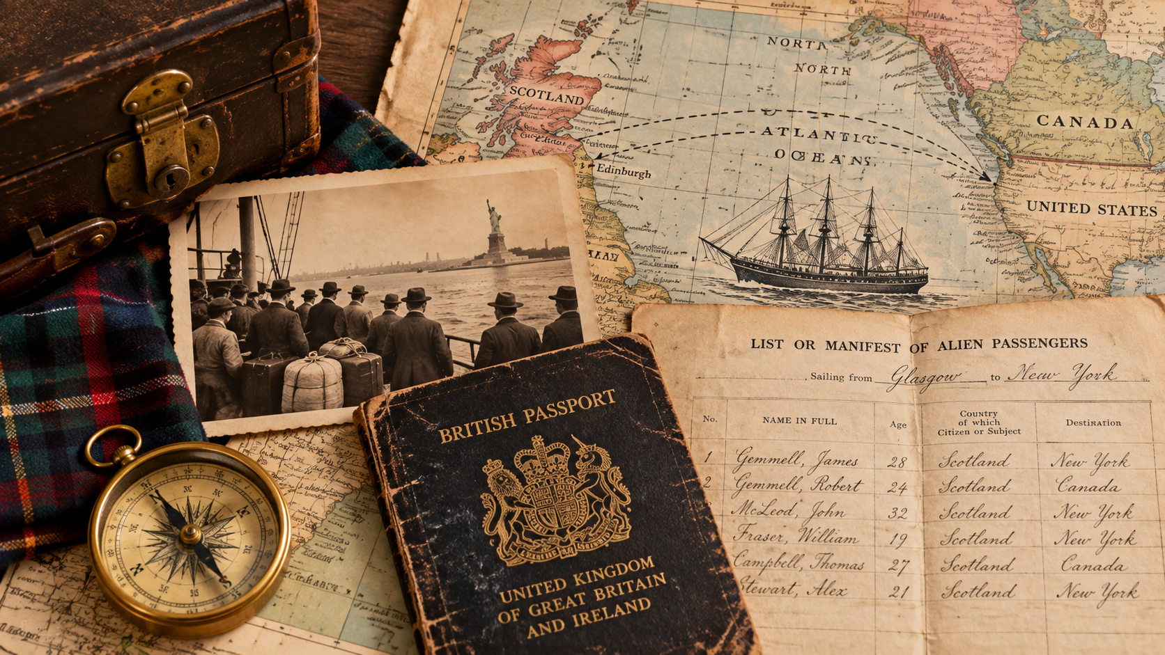Historical passenger records, maps, and travel documents representing family migration from Scotland to North America.