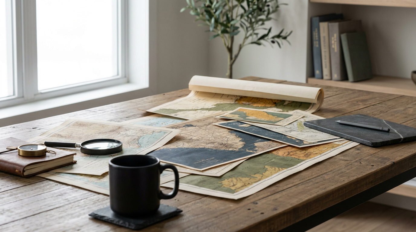 Family history research workspace with historical maps, photographs, records, and a magnifying glass