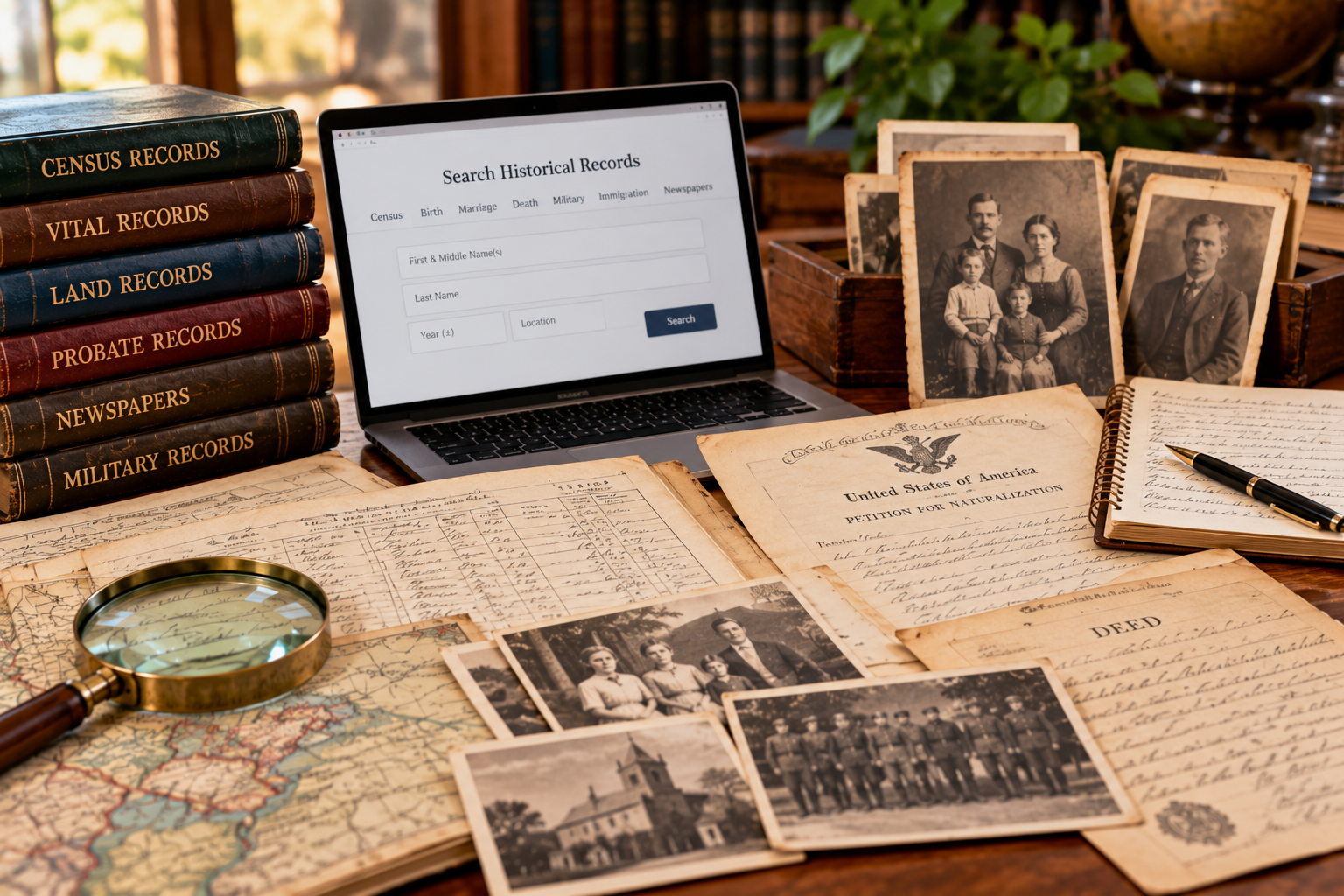 Genealogy research using historical records, photographs, maps, and online databases