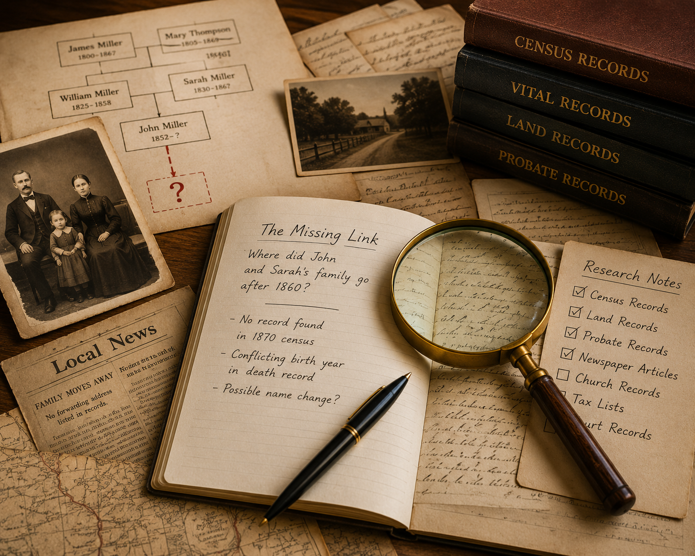 Historical photographs, records, and documents used to investigate family history mysteries