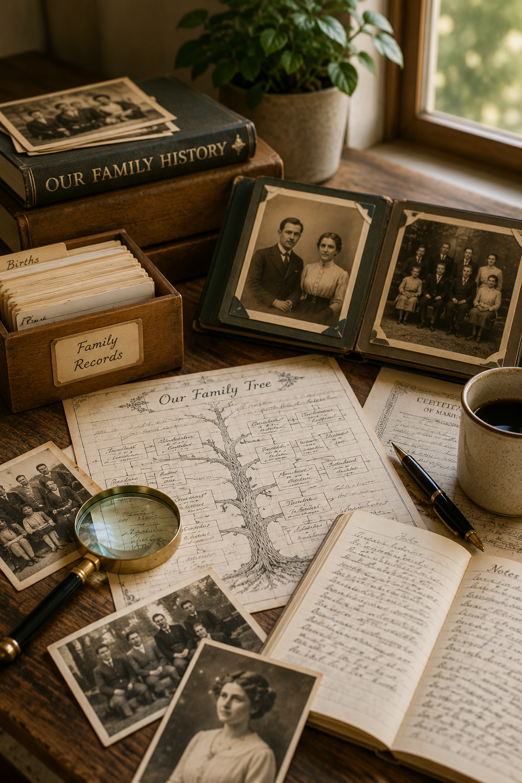 Historical family photographs, family tree records, documents, and a magnifying glass representing family history research