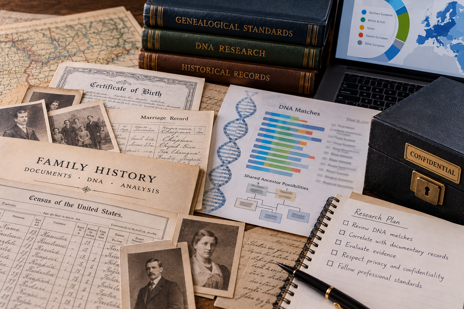 DNA results, historical family records, and research materials representing privacy and confidentiality in professional genealogy research.