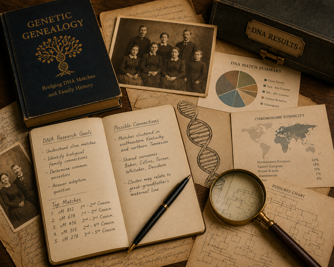 DNA and family history research materials used to analyze genetic genealogy and family connections