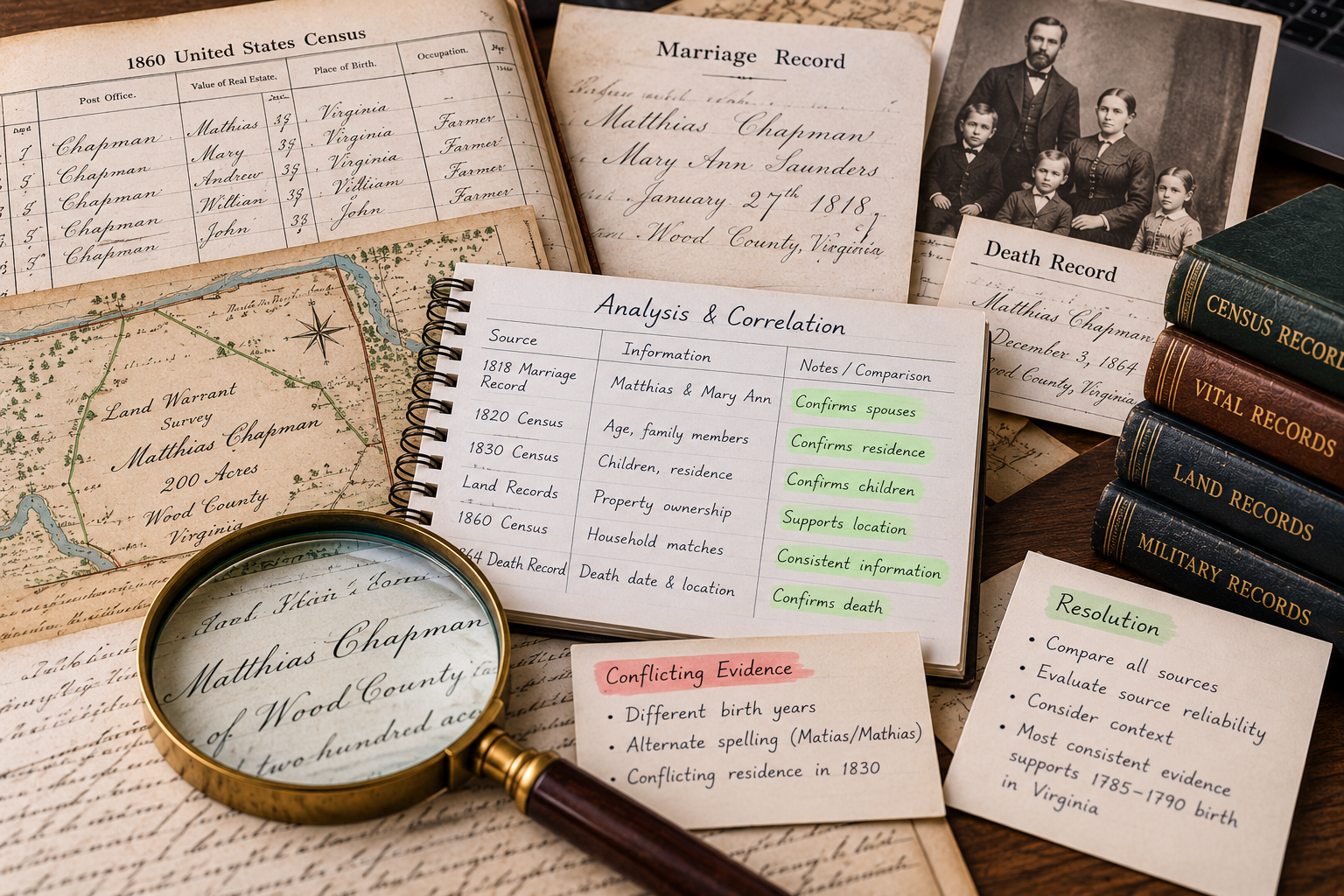Historical genealogy records being compared and correlated to resolve conflicting evidence using the Genealogical Proof Standard.